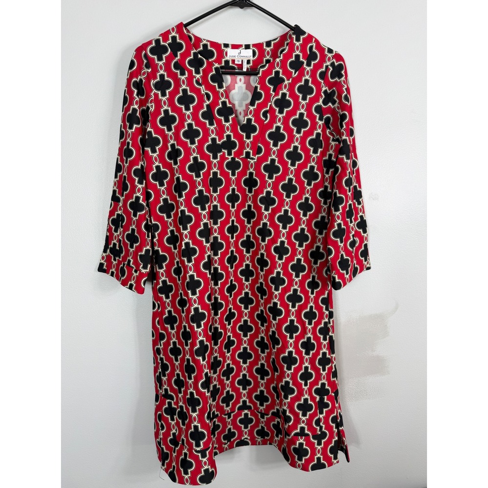 Jude Connally Womens Red Black Geometric Print Split Neck Shift Dress Size S